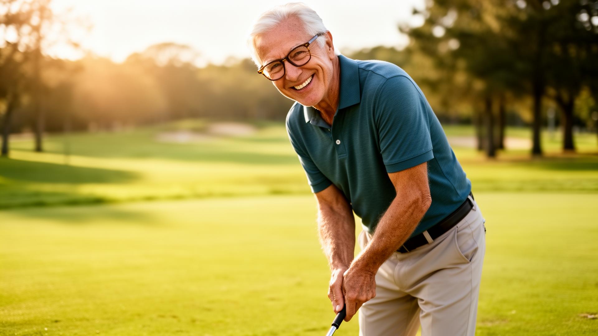 Smiling senior man with glasses playing golf at sunset